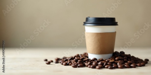 A single disposable coffee cup with a kraft paper sleeve rests on a light wooden surface, surrounded by a generous scattering of roasted coffee beans.