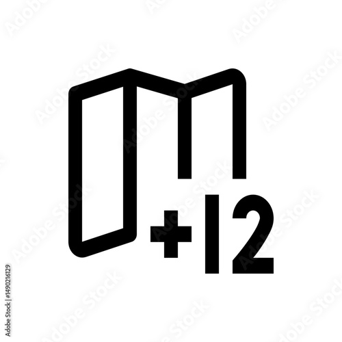 A bold line drawing of a folded document icon next to a plus symbol and the number twelve icon