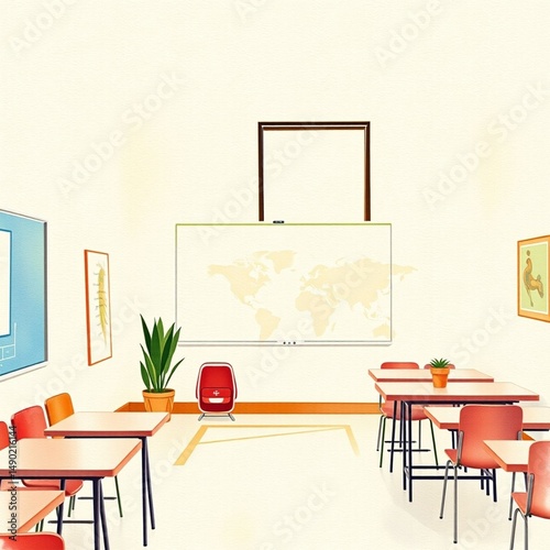 Classroom with world map and plants neat desk setup educational learning