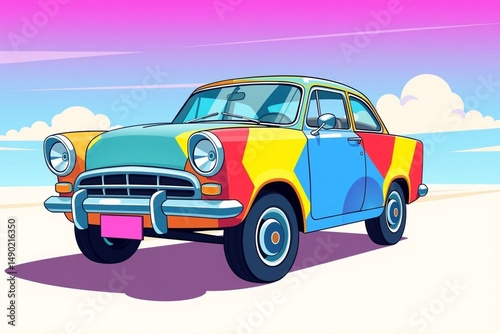 Bright colorful vintage car illustration with blue yellow and red patterns