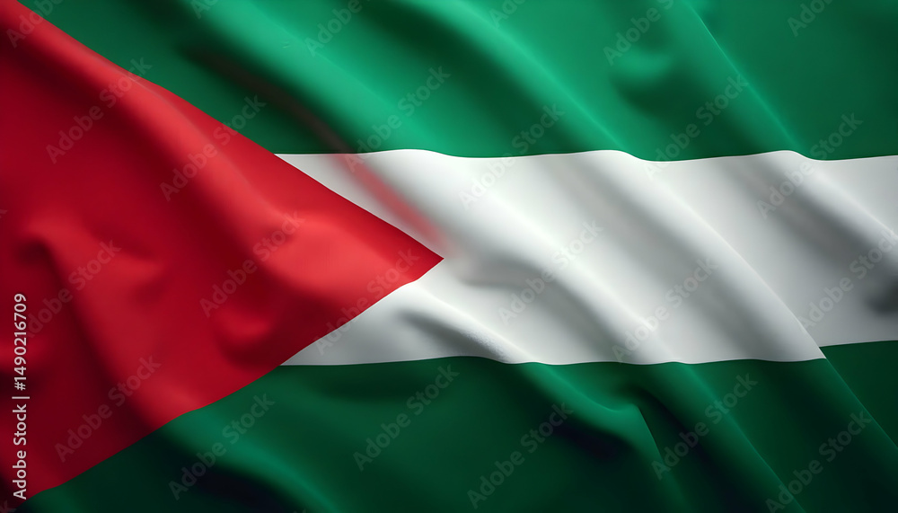 Obraz premium Waving Flag with Red Triangle and Green Stripes