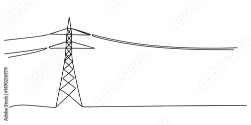 Line art illustration of a power transmission tower with electric cables, perfect for energy, infrastructure, and utility-related projects.