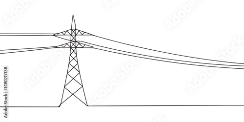 Line art illustration of a power transmission tower with electric cables, perfect for energy, infrastructure, and utility-related projects.