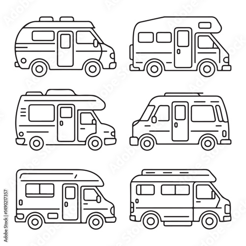 Camper Van Icons Collection - Line Art Illustrations of Recreational Vehicles for Camping and Travel Use