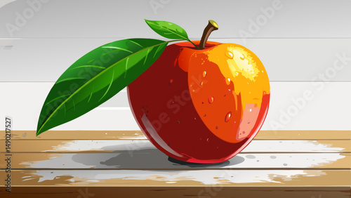 Fresh red mango with water droplets on its surface, placed on a white wooden table with a light white background. Ideal for food photography, healthy eating, and refreshing fruit 