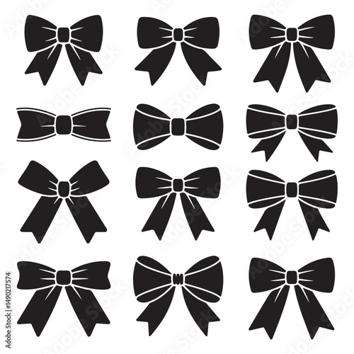  Collection of black bowtie illustrations in various styles and sizes, perfect for festive occasions, gift wrapping, and decoration themes.