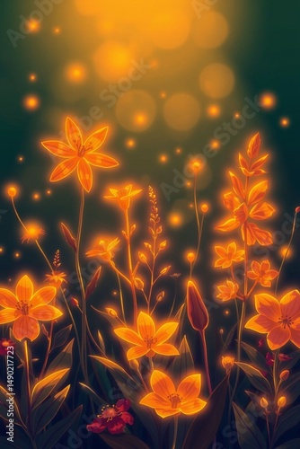 Glowing orange flowers with radiant light effects in a serene dark
