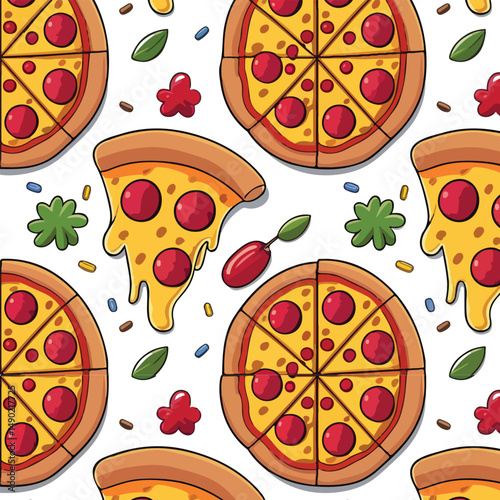Delicious Pepperoni Pizza Seamless Pattern Design.transparent background
