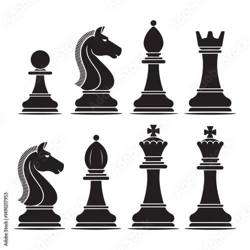 A clean, minimalist silhouette graphic of all the standard chess pieces on white background