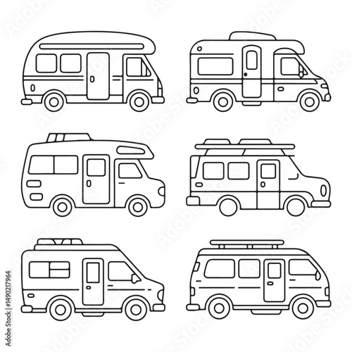 Camper Van Icons Collection - Line Art Illustrations of Recreational Vehicles for Camping and Travel Use
