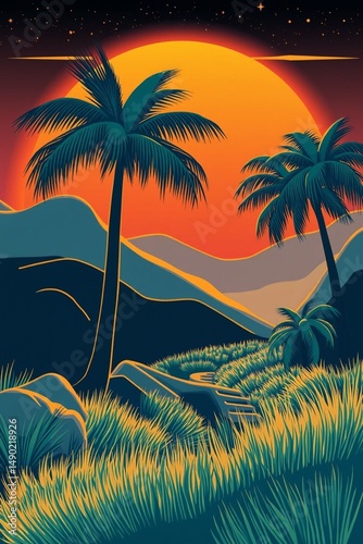 Sunset Palm Trees Landscape Artwork