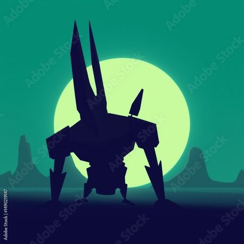 Futuristic silhouette of a large robotic creature standing on a dark