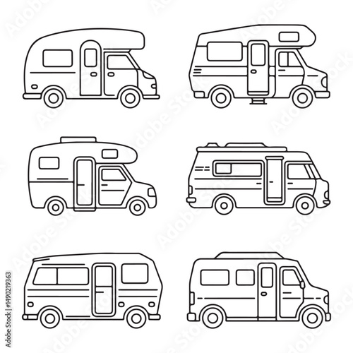Line art illustration of various campervans and RVs, showcasing different angles and designs, ideal for travel, adventure, and vehicle-related projects.