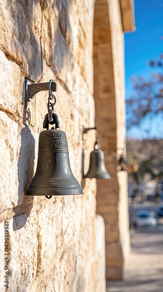 Fototapeta premium Antique bell hanging on a stone wall architectural element