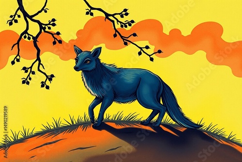 Blue fox stands on hill under tree branches at sunset abstract