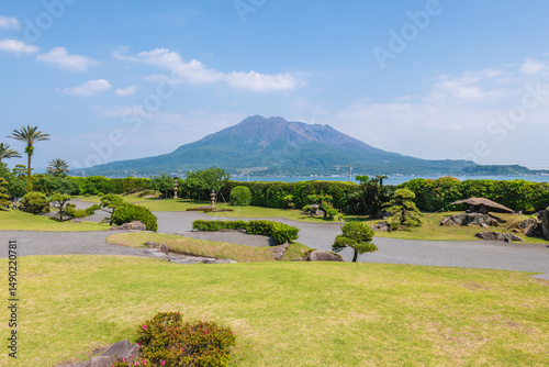 Scenery of Sengan en with Sakurajima as background, Kagoshima, Kyushu, Japan