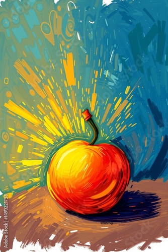 Colorful apple bright digital painting with explosive brush strokes from background