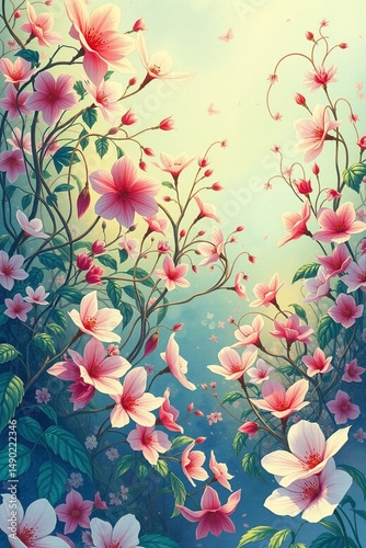 Delicate pink flowers blooming with butterflies in a gentle flow of
