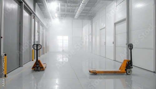 Empty Refrigerated Warehouse with Pallet Jacks in Dusty Environment