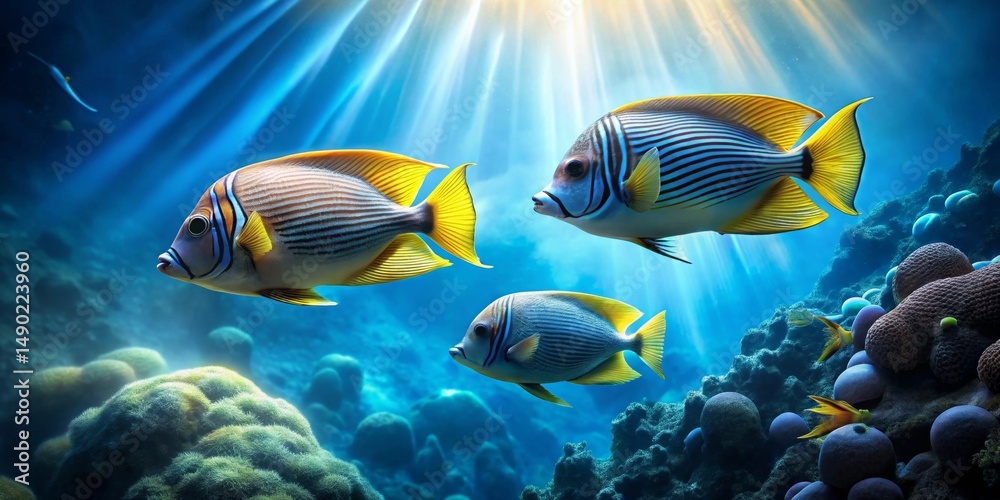 Naklejka premium Striped aquatic creatures gracefully swim through a vibrant underwater paradise, bathed in sunlit beams that illuminate the coral reef and its diverse inhabitants.
