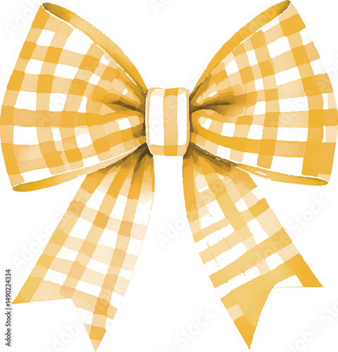 Watercolor Yellow Gingham Bow, Hand-Painted Plaid Ribbon Clipart Isolated on White