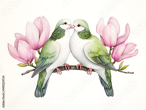 Green doves kissing with magnolia branch.