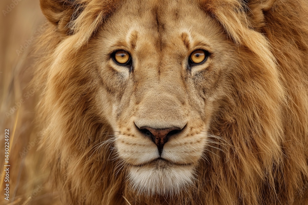Obraz premium Golden-Eyed Lion Staring Straight Ahead