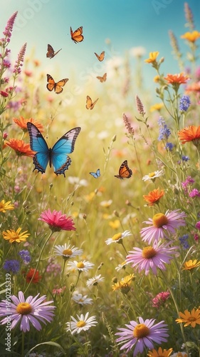 Butterflies flying over colorful wildflowers in sunny meadow