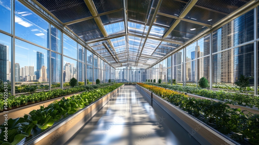 Urban rooftop farm with city view, sustainable agriculture Urban rooftop farm with city view, sustainable agriculture