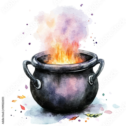 Mystical Cauldron With Steam Rising, watercolor illustration vector, high quality, isolated on a white background.