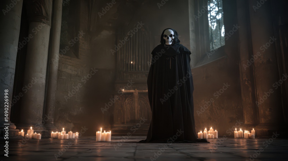 Naklejka premium A grim reaper in a black cape with a skull-faced mask standing inside a dark, medieval Gothic church