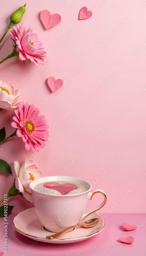 Fototapeta premium Pastel pink background flatlay Love themed gift, floral arrangement, tea , spring, romance, surprise