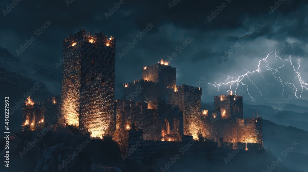 Fototapeta premium A medieval castle in the middle of nowhere, illuminated by torches and a lightning-filled sky background