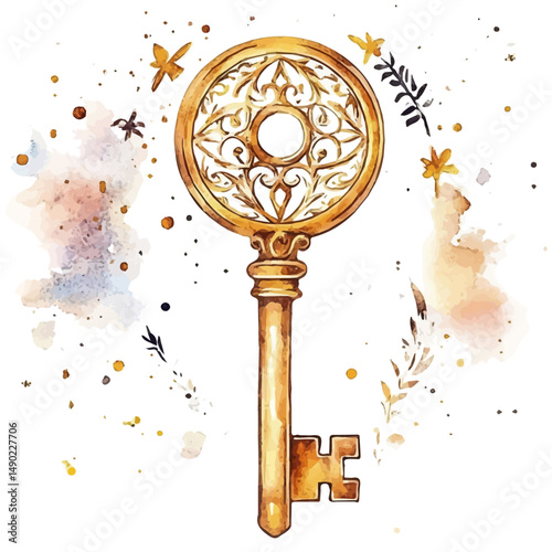 Mysterious Golden Key With Arcane Engravings, watercolor illustration vector, high quality, isolated on a white background.