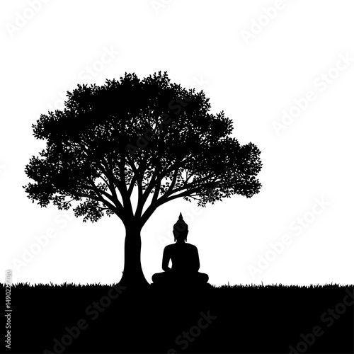 Lord Buddha Meditating Under the Bodhi Tree Vector in Black Color – Peaceful Vesak Day Design