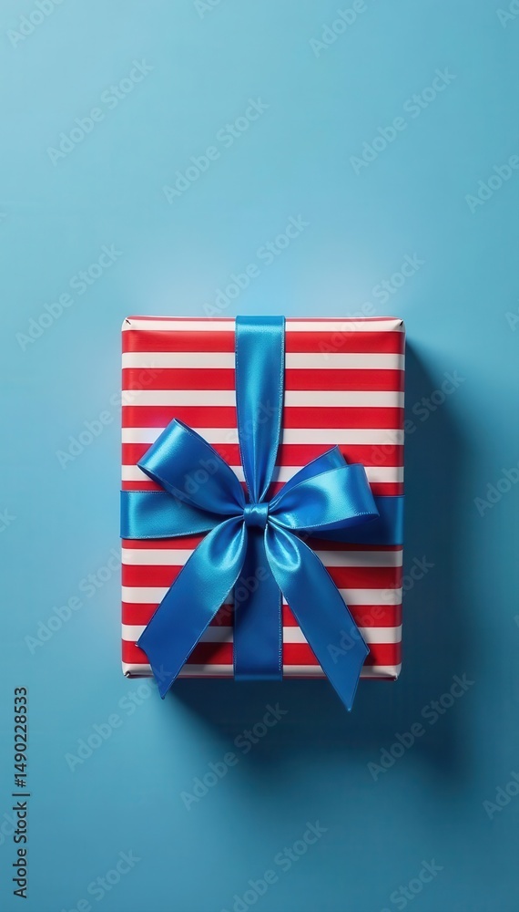 Obraz premium Red striped gift box, blue bow, blue-gray background Top view , background, style