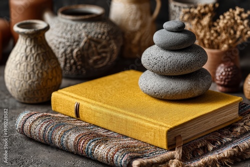 A spa stone is placed on an orange book on a table inside the spa room.
