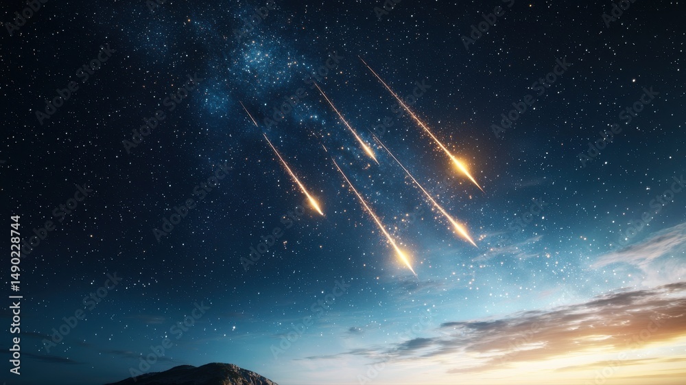 Fototapeta premium Meteor Shower in a Starry Night Sky with Milky Way meteor shower falling stars night sky starry sky