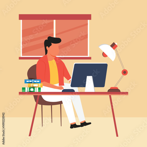 Happy Man sitting at the table at home with laptop. Work from home. Freelance. Stay at home