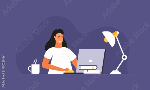 Woman working on a laptop with desk lamp and coffee cup