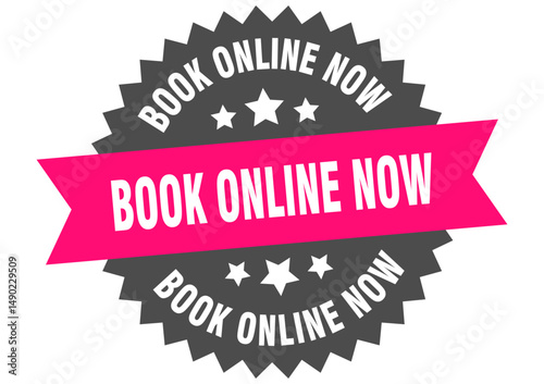 book online now. book online now round pink label isolated on transparent background