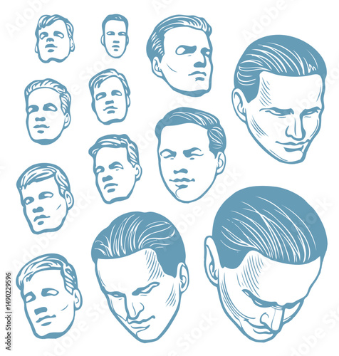 Faces of different people. Design set. Editable hand drawn illustration. Vector vintage engraving. 8 EPS