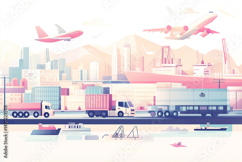 Global Logistics Hub with Cargo Ship, Cranes, and Airplane for International Shipping and Freight Transport