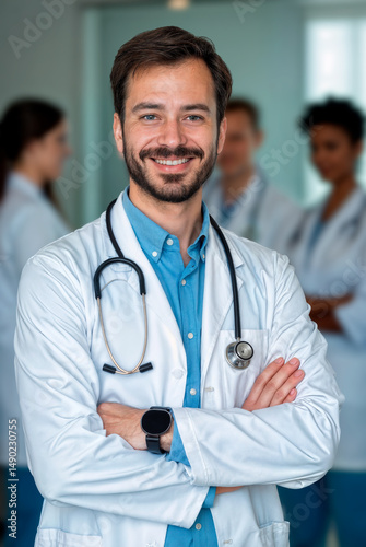 Portrait, man and happy doctor with tablet in hospital for healthcare service. High quality photo