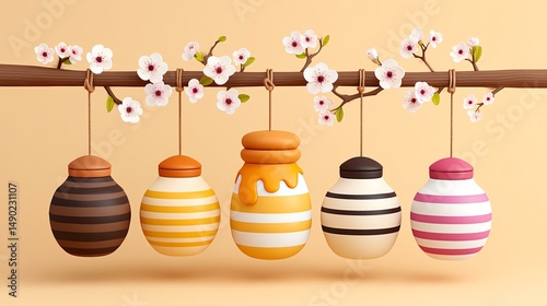 Five Colorful Honey Jars Hanging from a Blossom Branch