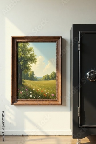 Serene Landscape Painting Adorning a Room with a Dark Cabinet