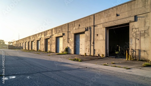 Derelict Warehouse with Loading Docks in Soft Morning Light