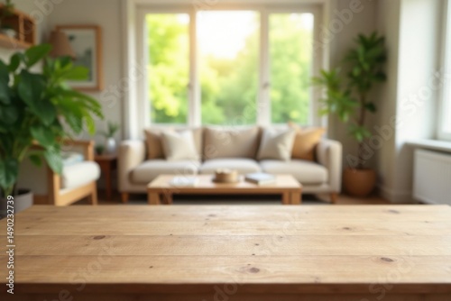 A wooden table in a sunlit living room with a blurred background featuring a beige sofa, coffee table, and potted plants