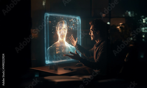 Man Engaging in Conversation with His Own Hologram in a Bright, Realistic Setting. Generated image photo