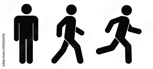 Set of black vector pictograms of a person in motion standing, walking, and running. Flat minimal design, isolated on white background.